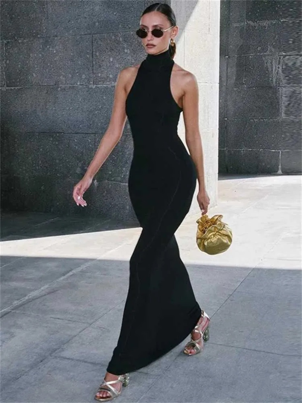 Naked Wardrobe Baby Snatched Halter Sleeveless Black High Neck Maxi Dress